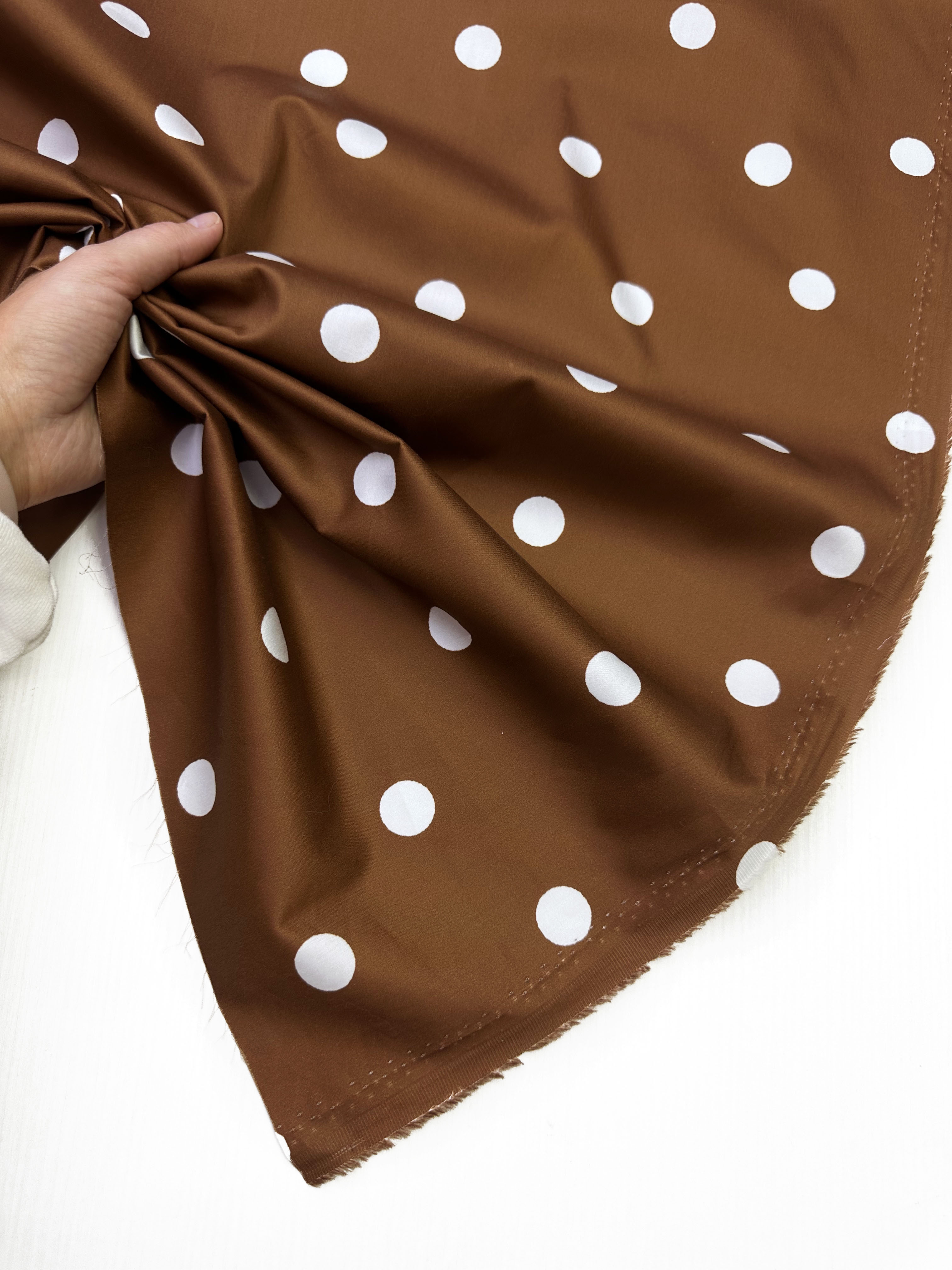 Ткань Хлопок коричневый с крупный белый горох  14486 5