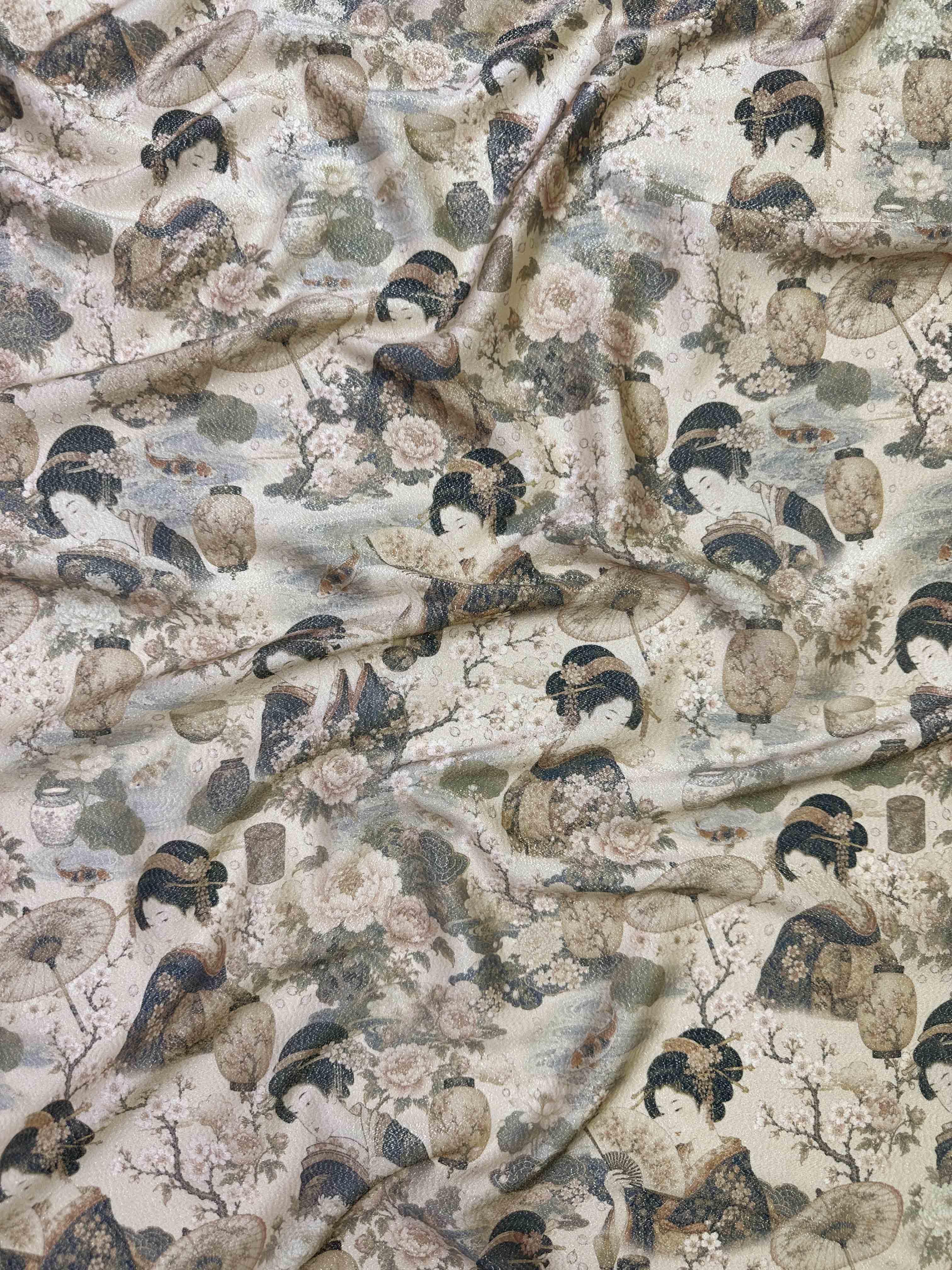 Ткань Муслин кремовый с принтом в азиатском стиле Гейши  14537 2