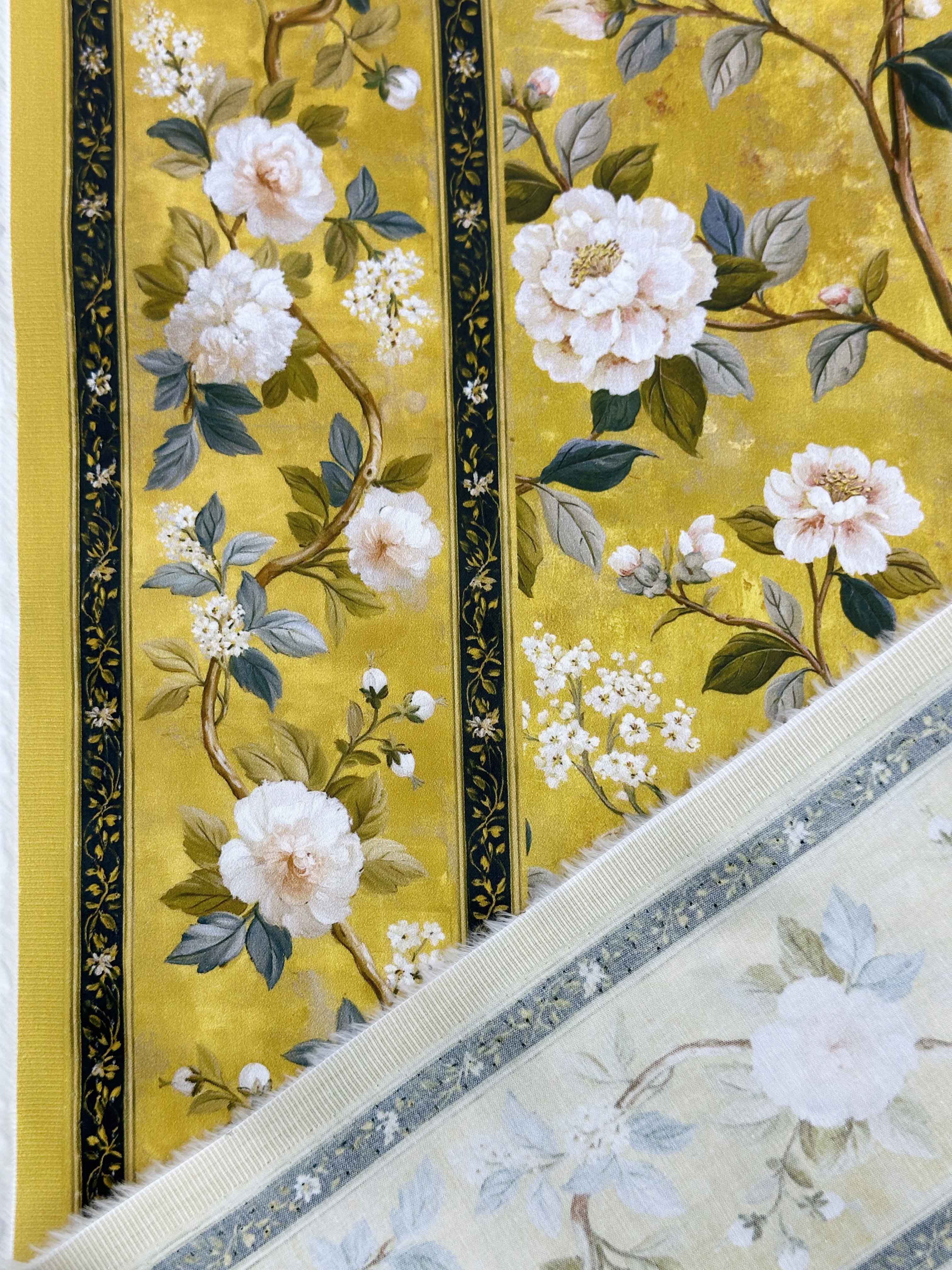 Ткань Хлопок золотой с принтом в азиатском стиле Пионы шинуазри с бордюром  14526 6